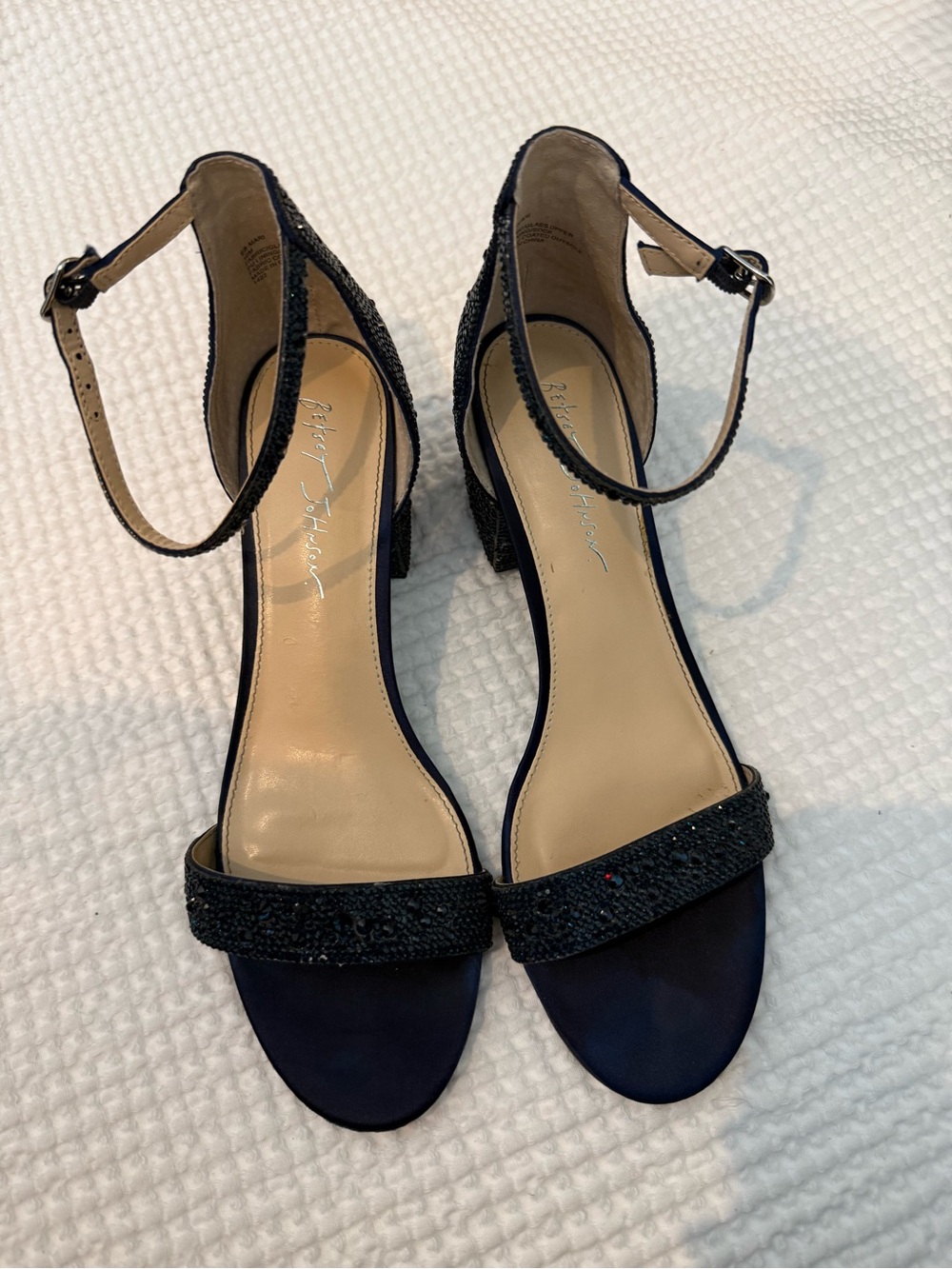 Betsey Johnson Kami Sandals Navy Blue Beaded Ankle-Strap with Block Heel